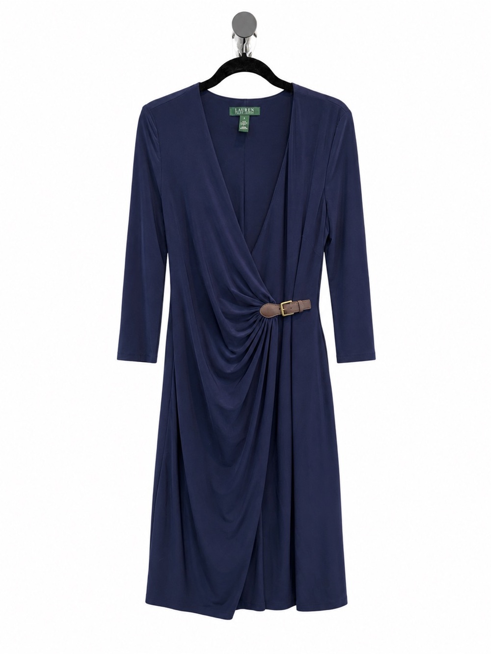 Lauren Ralph Lauren Navy Faux-Wrap Long Sleeve Dress with Brown Belt Accent